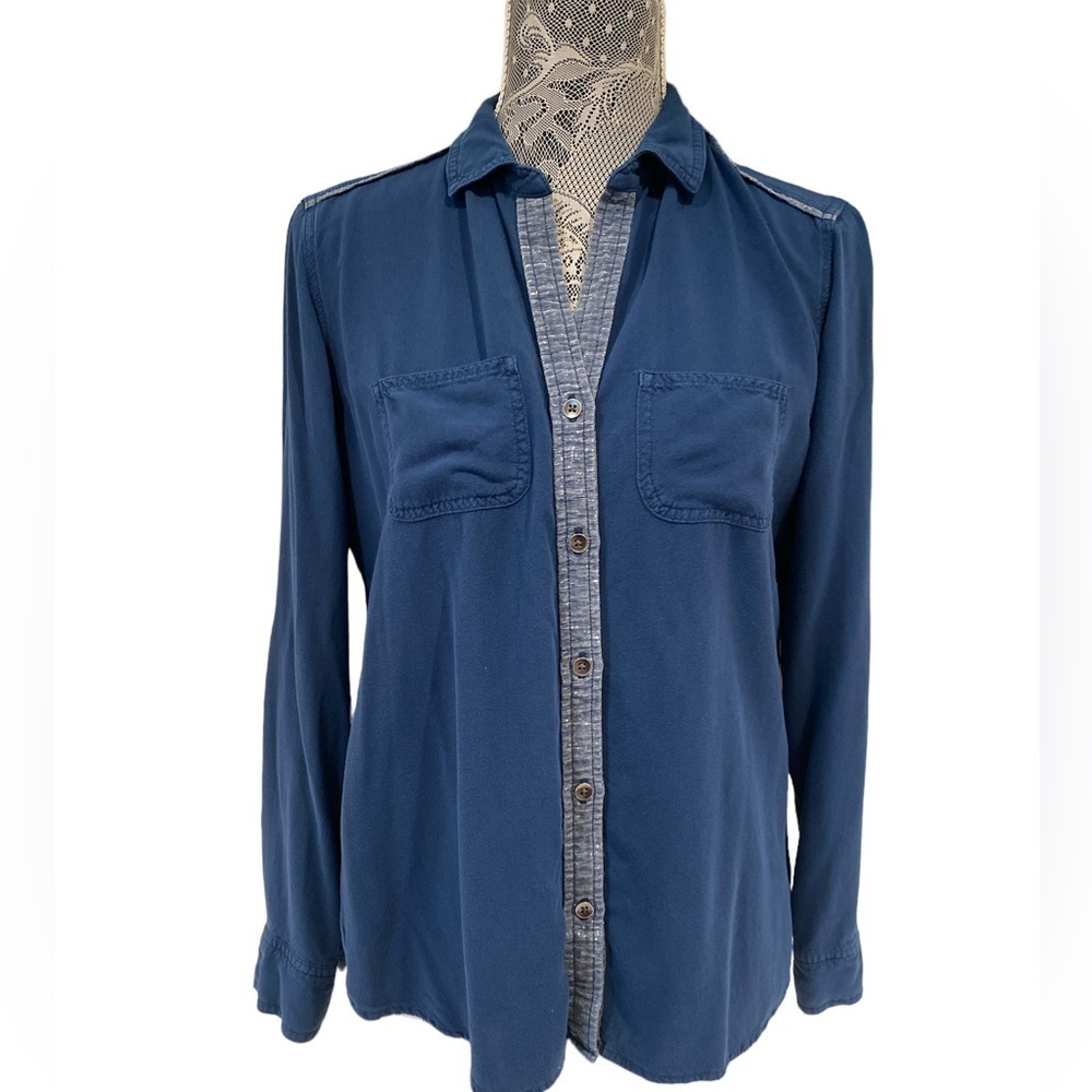 Rock & Republic Blue Button Down Rayon Top | Size Small